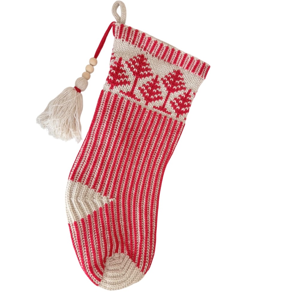 Hearth & Hand Christmas Stocking Red Cream Knit Pine Tree Tassel 20in